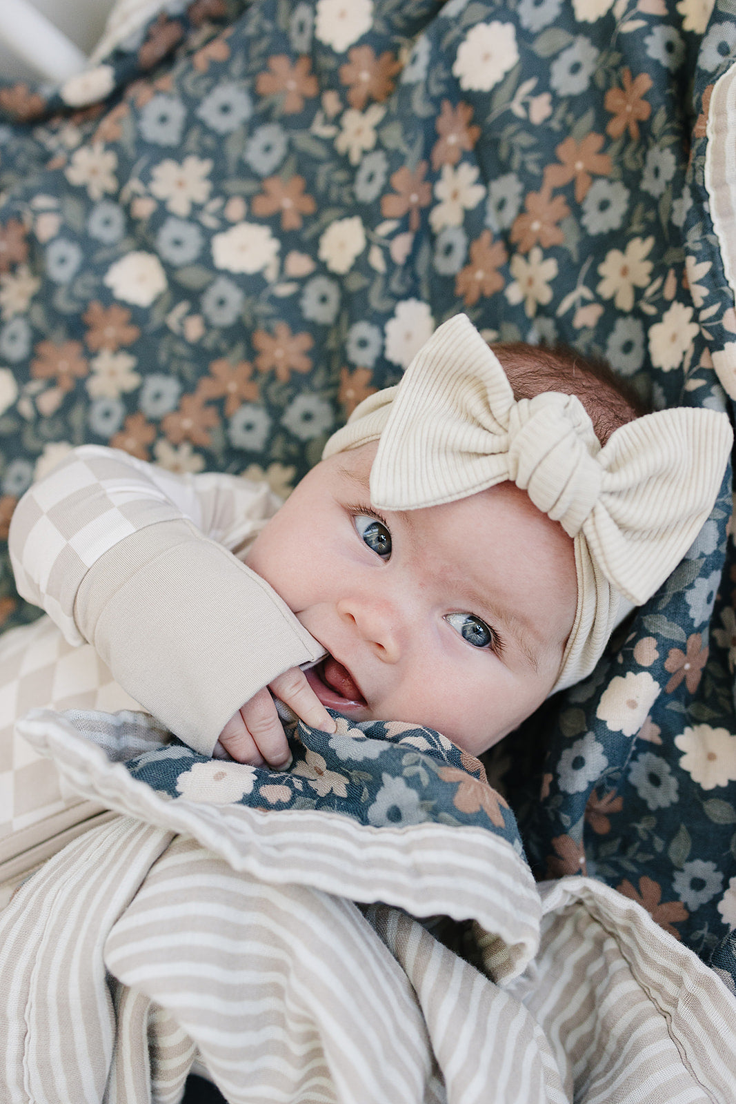 Mebie Baby Taupe Stripe + Midnight Floral Muslin Quilt