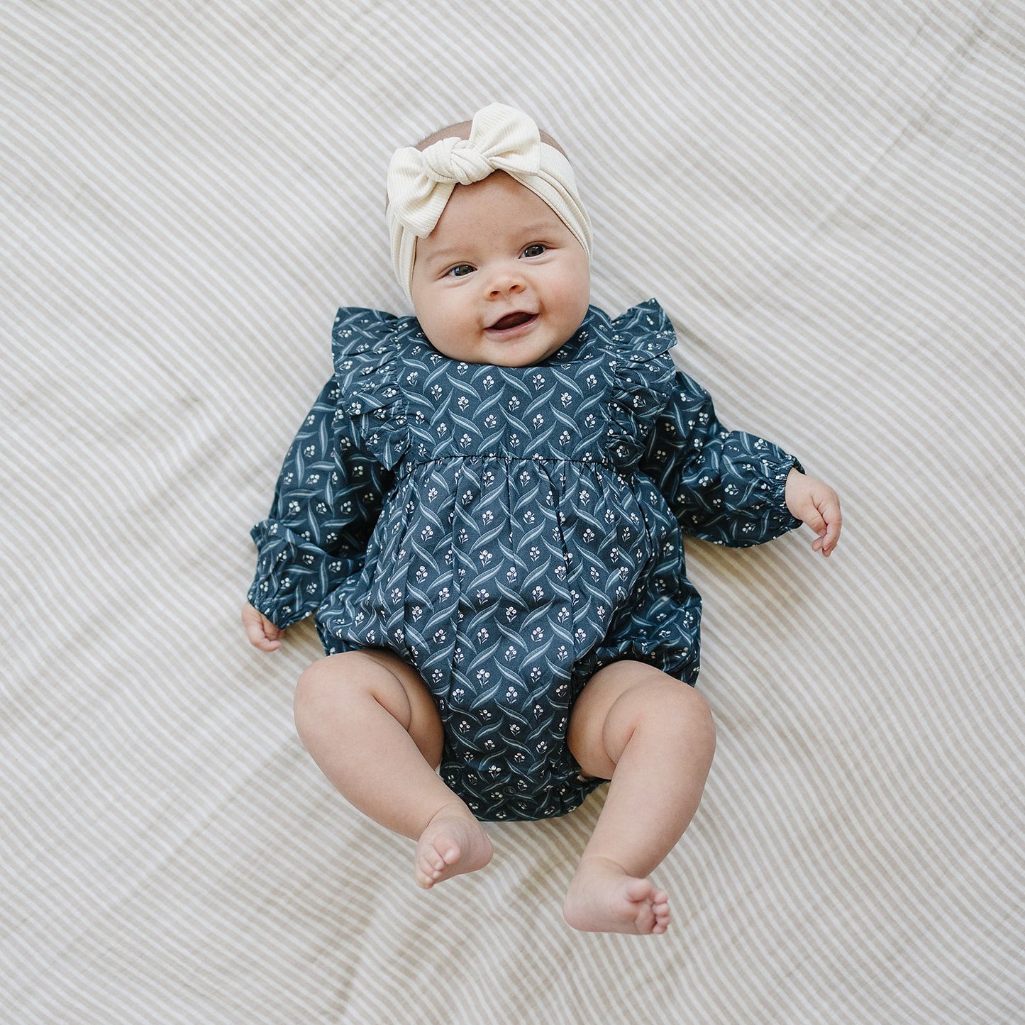 Mebie Baby Navy Berry Long Sleeve Ruffle Bubble Romper