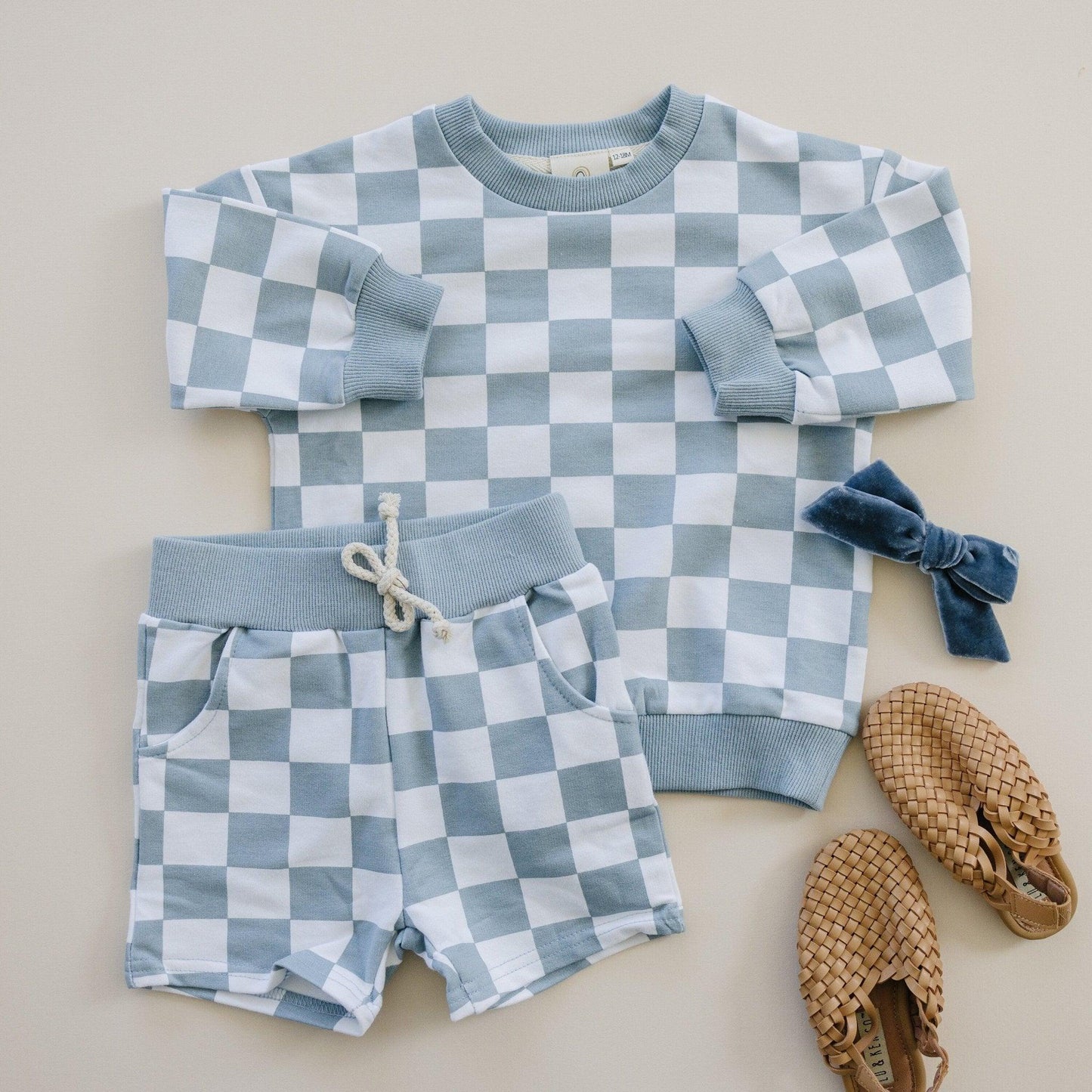 Little Joy Co. Organic Cotton Checkered Crewneck & Shorts Set