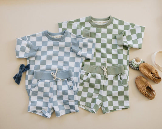 Little Joy Co. Organic Cotton Checkered Crewneck & Shorts Set