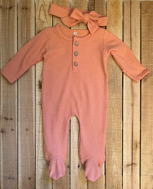 Coral Waffle Footed Romper with Bow