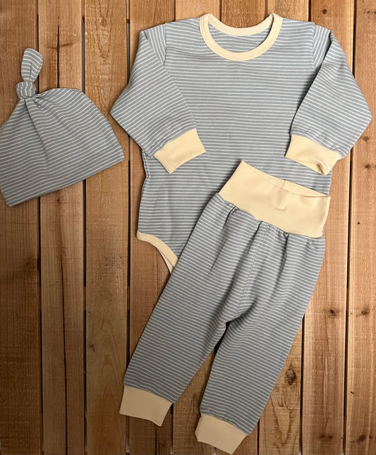 Striped Onesie, Pant and Hat Set