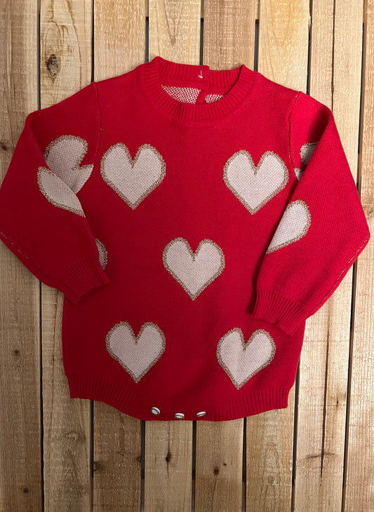 Red Heart Print Sweater Romper